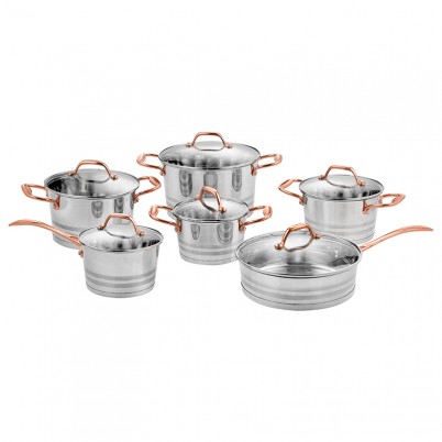 ZH-C031 12pcs Stainless Steel Conic Shape Cookware Set with Rose Gold Plated Zinc Alloy Handle